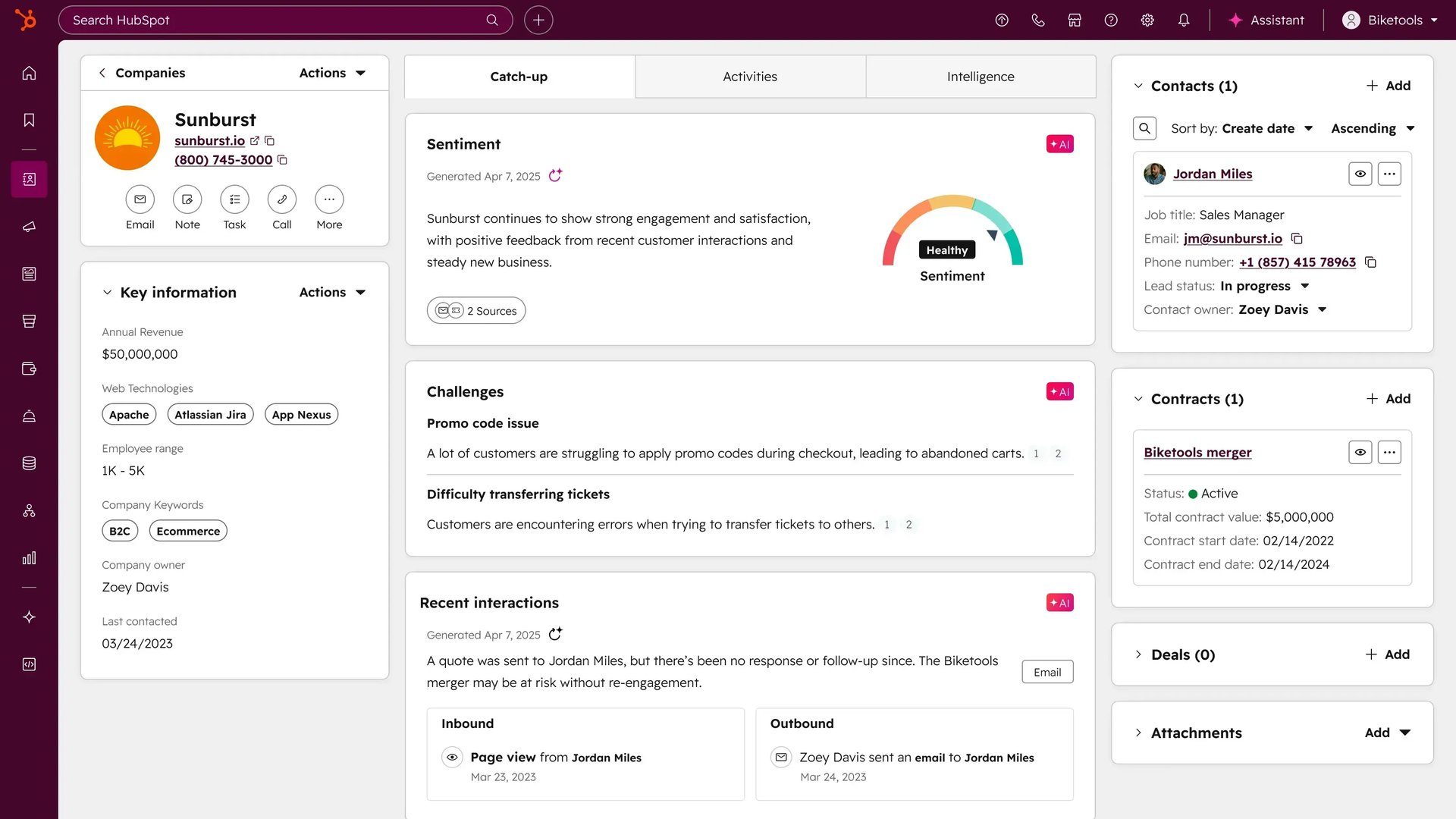 Example of a contact record in Smart CRM and the various information available and actions a user can take